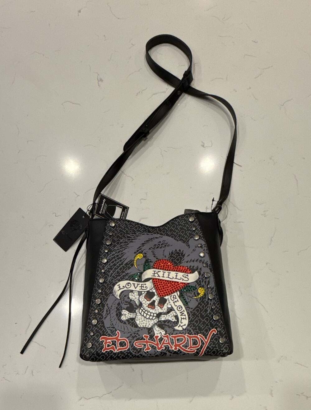 Ed Hardy Love Kills Slowly Monogram Crossbody Bag with Heart Charm and Tags